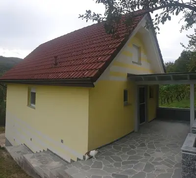a yellow and white house with a cat sitting next to it at moderno opremljena hiša z odmaknjeno lokacijo in Dolenjske Toplice