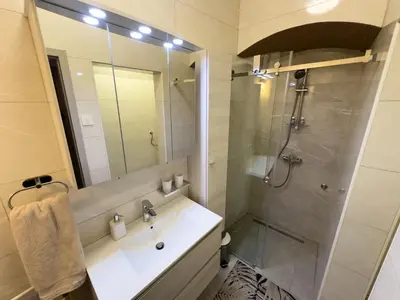 a bathroom with a sink and a shower at Apartments Adamas in Celje