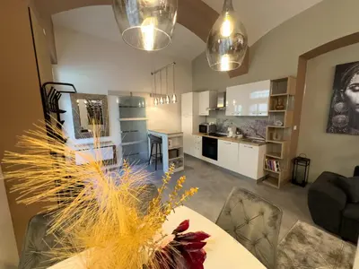a kitchen and living room with a table and chairs at Apartments Adamas in Celje
