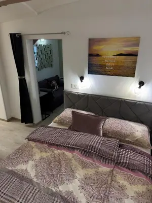 a bedroom with a bed and a painting on the wall at Apartments Adamas in Celje