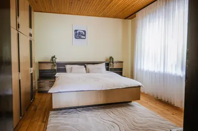 a bedroom with a large bed and a window at Apartment Skala with Magnificent view in Rečica ob Savinji