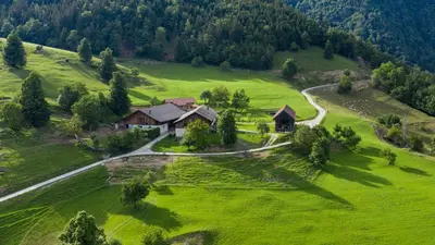 an aerial view of a house in a green field at Apartment Skala with Magnificent view in Rečica ob Savinji