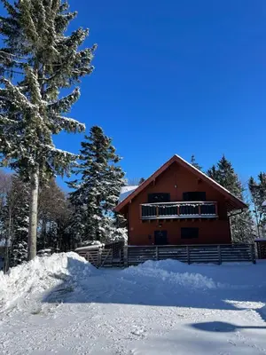 a house with snow in front of it at Apartment on the ski slope Pohorje 11 in Pohorje