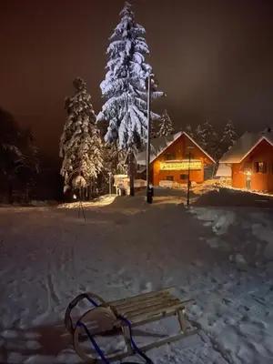 a bench in the snow in front of a christmas tree at Apartment on the ski slope Pohorje 11 in Pohorje