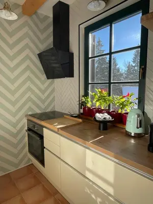 a kitchen with a counter with potted plants and a window at Apartment on the ski slope Pohorje 11 in Pohorje