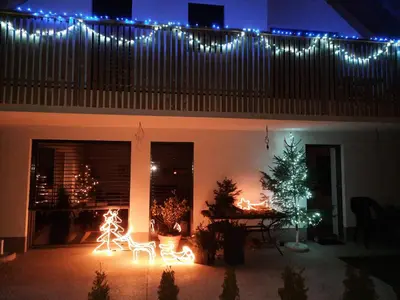 a living room with christmas lights and a christmas tree at Apartments Ajda in Bohinj