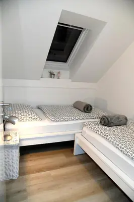 a bedroom with two beds and a window at Apartments Ajda in Bohinj