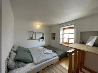 a small bedroom with a bed and a desk at Super Small Micro-Treehouse in the centre in Ljubljana