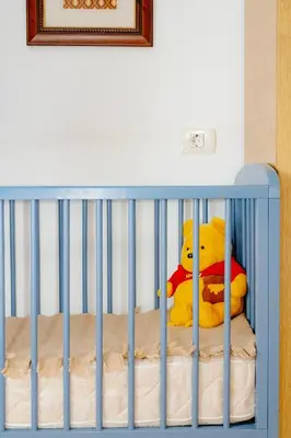 a stuffed winnie the pooh toy sitting in a crib at Comfy and central with bikes in Bohinj