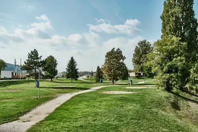 a dirt road in a park with trees and grass at Glamping Terme Čatež in Brežice