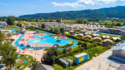 an aerial view of a large water park at Glamping Terme Čatež in Brežice