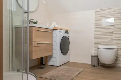a bathroom with a washing machine and a toilet at Apartment Orehar in Bohinj