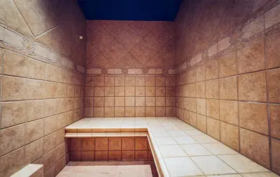a room with a sauna with brown tiled walls at Stunning Apartment In Pohorje With Wifi in Pohorje