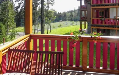 a balcony with two benches and a view of a park at Awesome Apartment In Pohorje in Pohorje