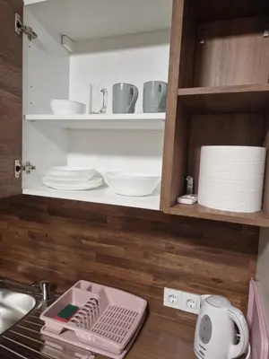a kitchen counter with plates and dishes in a cabinet at apartma-sobe Lejla in Vipava
