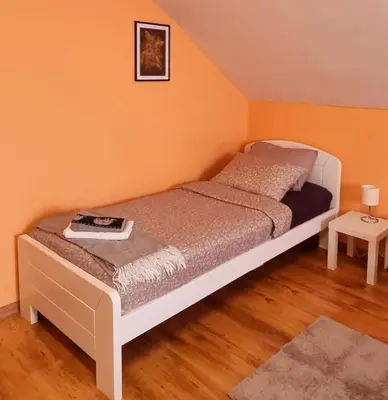 a bed in a room with orange walls at Apartmaji Medved, brezplačno parkiranje in Tacen