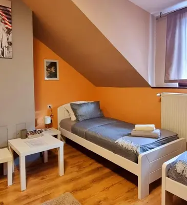 a small room with a bed and a table at Apartmaji Medved, brezplačno parkiranje in Tacen