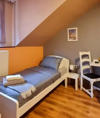 a bedroom with a bed and a ladder at Apartmaji Medved, brezplačno parkiranje in Tacen