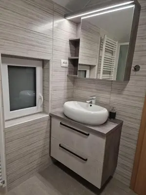 a bathroom with a sink and a mirror at Vila Lastovka in Ljubljana