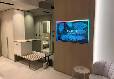 a room with a tv on a wall with a wall at Tivoli Boutique Inn in Ljubljana