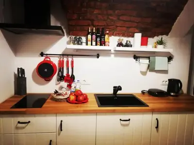 a kitchen with a sink and a counter top at Under The Castle Apartments Ljubljana in Ljubljana