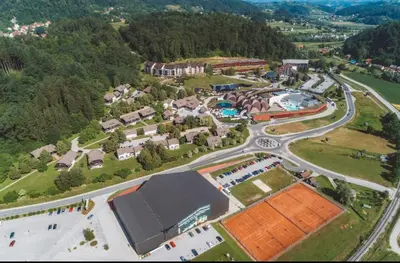 an aerial view of a resort with a road at Bella Mura Nature Apartment Lipa 97 in Podčetrtek