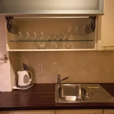 a kitchen counter with a sink and glasses on a shelf at Apartment Blue Moon in Ljubljana