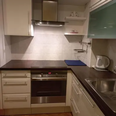 a kitchen with a stove and a sink at Apartment Blue Moon in Ljubljana