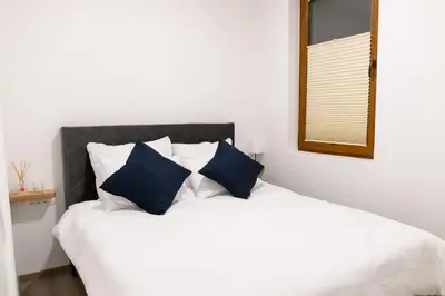 a bedroom with a white bed with blue pillows at Oliver street apartment Vipava - 50m from city center in Vipava