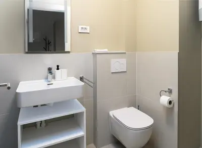 a bathroom with a white sink and a toilet at Primus apartments in Ljubljana