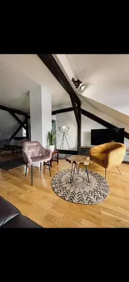 a living room with two chairs and a rug at JZ Loft Ljubljana with Parking and Self Check in in Ljubljana