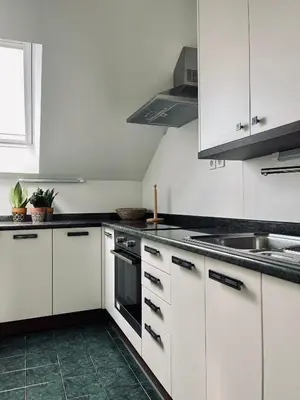 a kitchen with white cabinets and a stove top oven at JZ Loft Ljubljana with Parking and Self Check in in Ljubljana