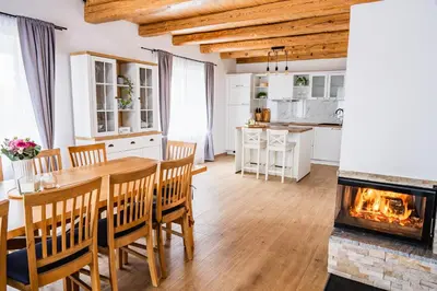 a kitchen and dining room with a fireplace at Pri stari mami in Tomaž pri Ormožu