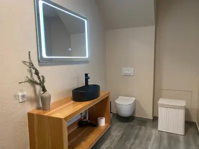 a bathroom with a sink and a toilet at Green Valley Apartments in Zavrč