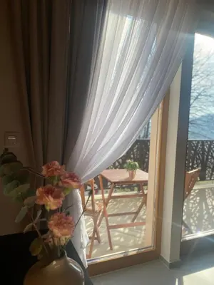 a vase with flowers in it next to a window at Green Valley Apartments in Zavrč