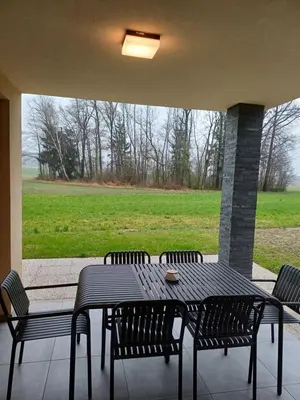 a patio with a table and chairs and a field at Hiša Štolc in Gornja Radgona