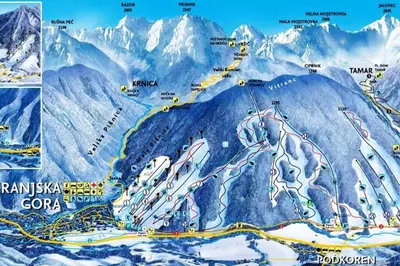 a map of a ski resort in the mountains at Bela Luna - Charming Garden Cottage near Lake Bled in Bohinjska Bela