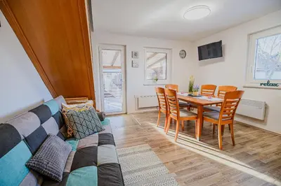a living room with a couch and a table and chairs at Holiday Home Oxi in Čatež ob Savi