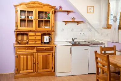 a kitchen with wooden cabinets and a sink at Apartments and Rooms Hodnik Slavko in Bohinj