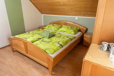 a bedroom with a bed with green sheets and pillows at Apartments and Rooms Hodnik Slavko in Bohinj