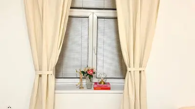 a window with curtains and a vase with flowers at Grajski kamen apartment in Maribor