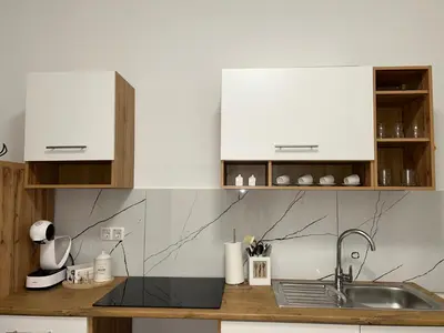 a kitchen counter with a sink and white cabinets at Grajski kamen apartment in Maribor