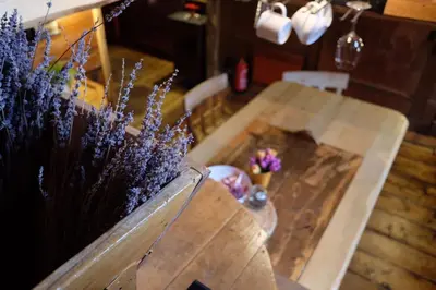 a wooden table with purple flowers on top of it at Wooden love nest in Vransko