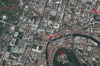 a map of a city with a red circle at Ljubljana City Apartment Metelkova in Ljubljana