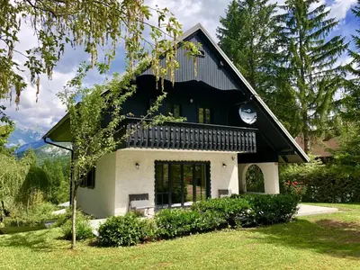 a house with a black roof and a yard at Villa Polje in Bohinj