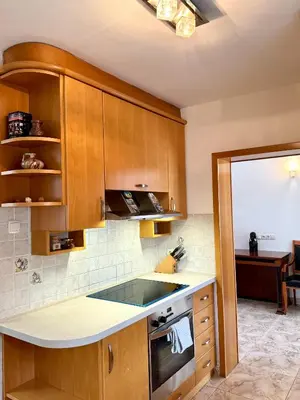 a kitchen with wooden cabinets and a counter top at Central Villa with Garden in Ljubljana