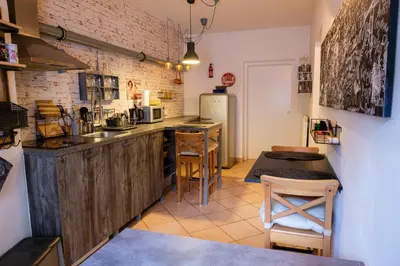 a kitchen with a counter and a refrigerator at Lovely City Nest in Ljubljana