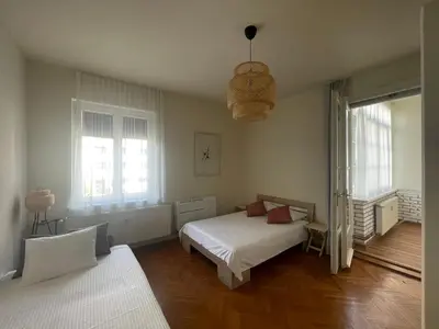 a bedroom with a bed and two windows at Apartment Joja in Ljubljana