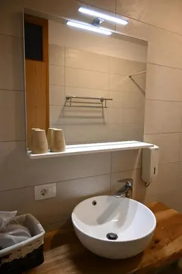 a bathroom with a white sink and a mirror at Hiša Štekar in Kojsko