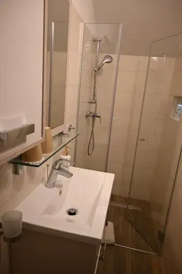 a bathroom with a sink and a shower at Hiša Štekar in Kojsko